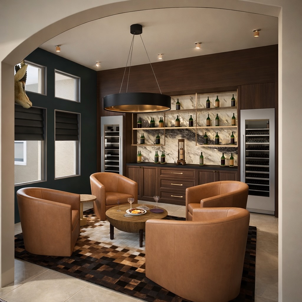 A cozy lounge area featuring four brown leather chairs arranged around a round wooden table with snacks, set against a backdrop of a wine display and elegant decor.