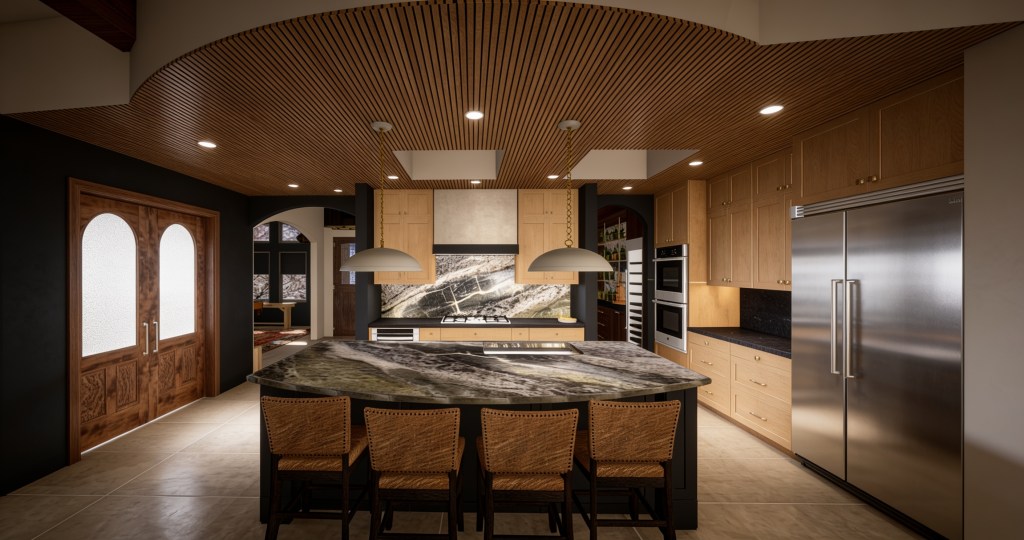Modern kitchen featuring a large island with a dark countertop, surrounded by wicker barstools, and warm wooden cabinetry. The space includes stainless steel appliances, an arched wooden door, and recessed lighting under a curved wooden ceiling.