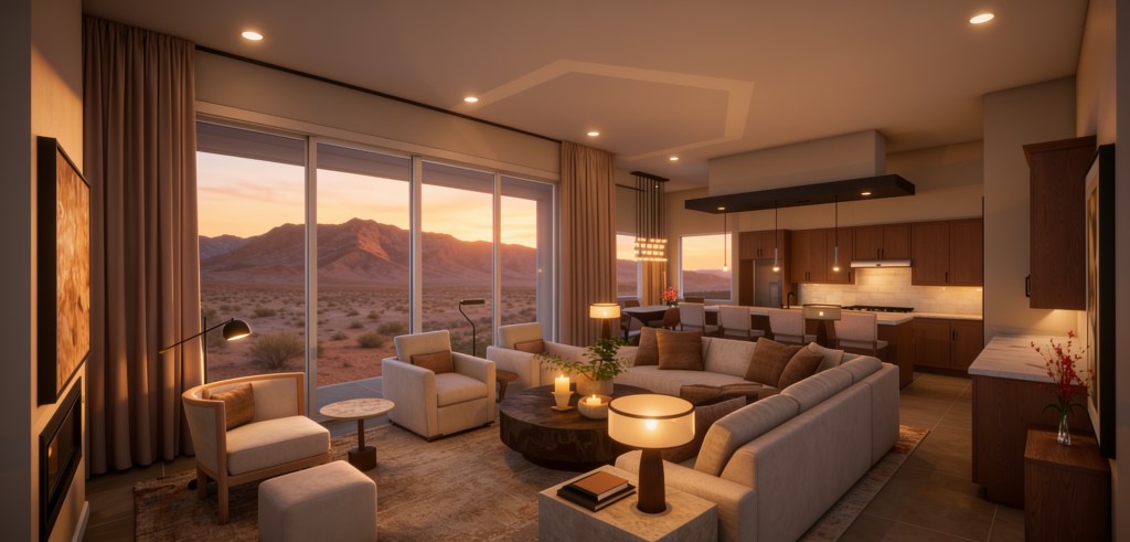 Modern living room with large windows showcasing a desert sunset, featuring a comfortable sectional sofa, stylish lamps, and an open kitchen design.