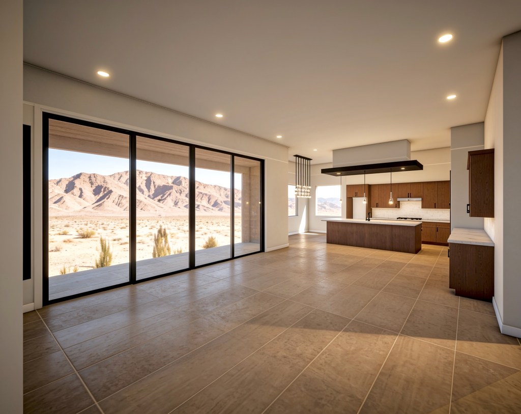 A modern, spacious kitchen and living area with large glass windows offering a view of desert mountains. The kitchen features wooden cabinetry and an island with a cooktop.