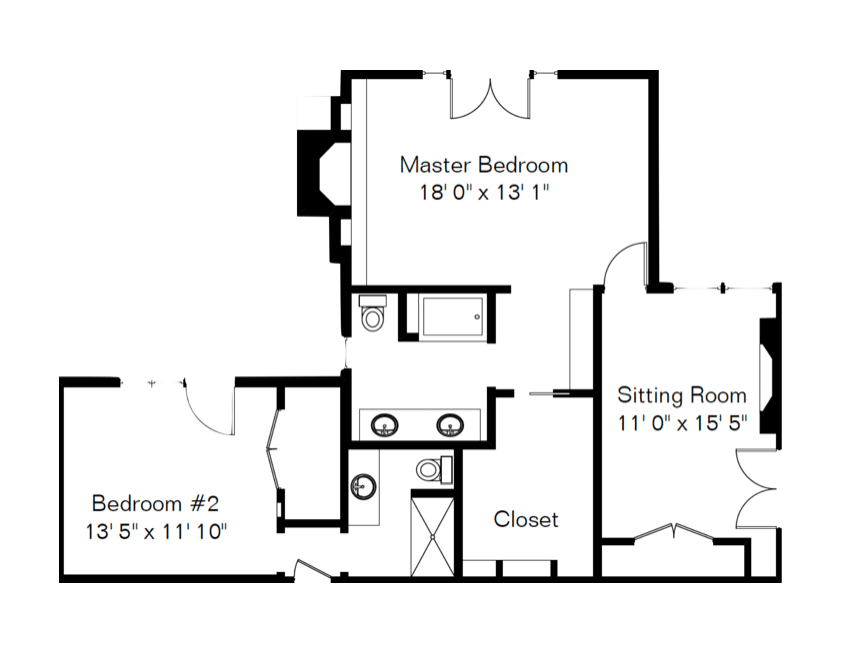 Floor plan of a residence featuring a master bedroom, a second bedroom, a sitting room, and a closet, with room dimensions indicated.