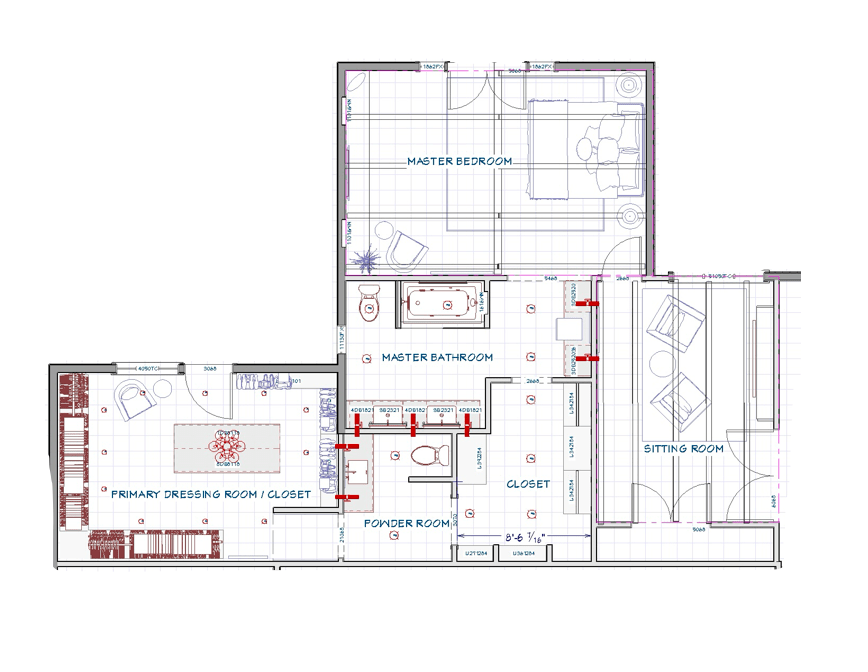 Architectural floor plan of a house featuring a master bedroom, master bathroom, sitting room, powder room, and primary dressing room/closet.