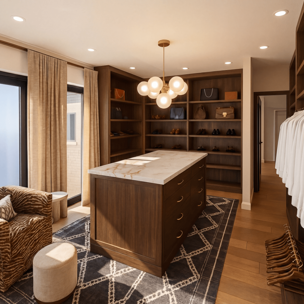 A modern dressing room featuring a large marble-topped island, wooden shelves stocked with shoes and handbags, and elegant lighting. The space includes a cozy armchair and a light-colored rug with geometric patterns.